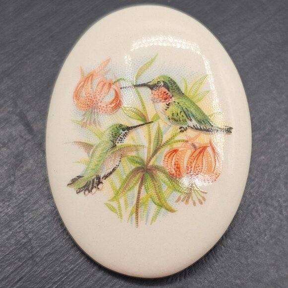 VTG Ceramic Porcelain Cabochon Transferware Flora Fauna Hummingbird Brooch Pin - Picture 5 of 10